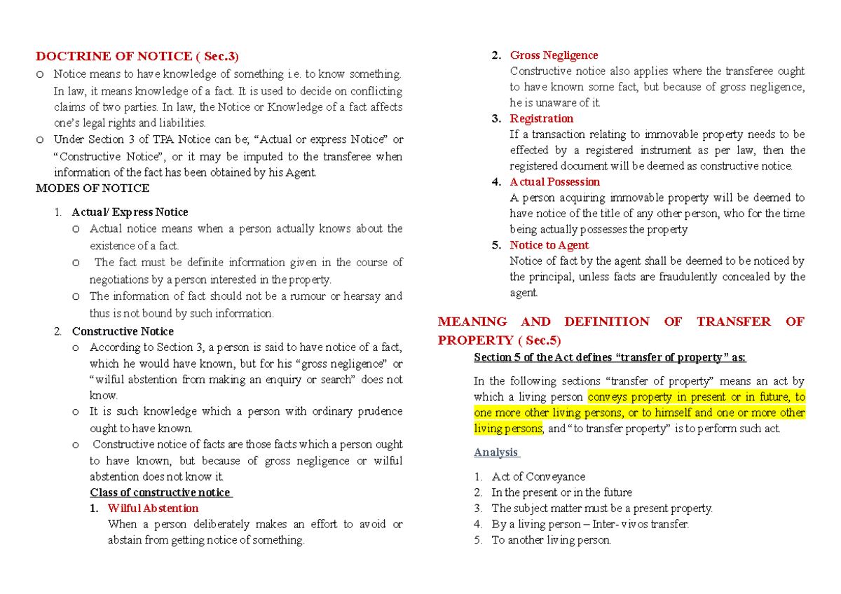 Transfer OF Property Summary DOCTRINE OF NOTICE Sec O Notice Means 