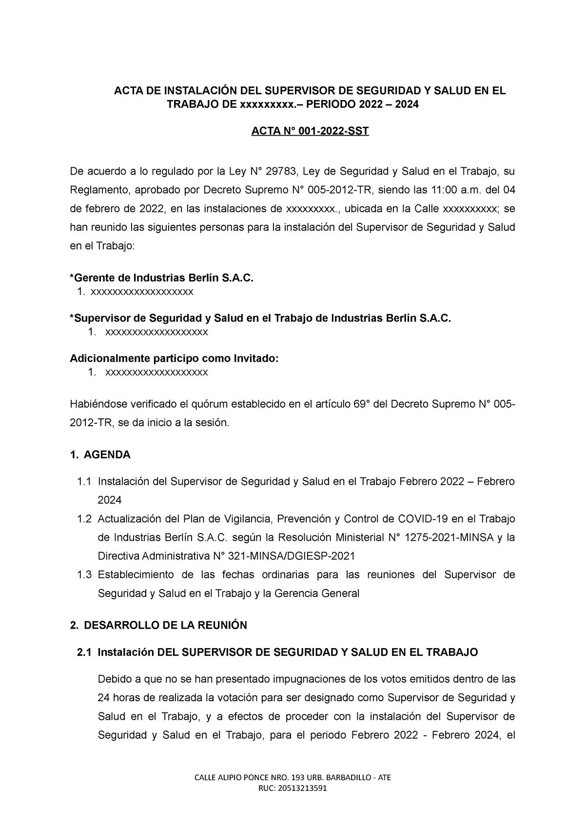 Sicsj Sac Sst 13 Acta N° 1 De Instalación Supervisor Sst 2022 2024