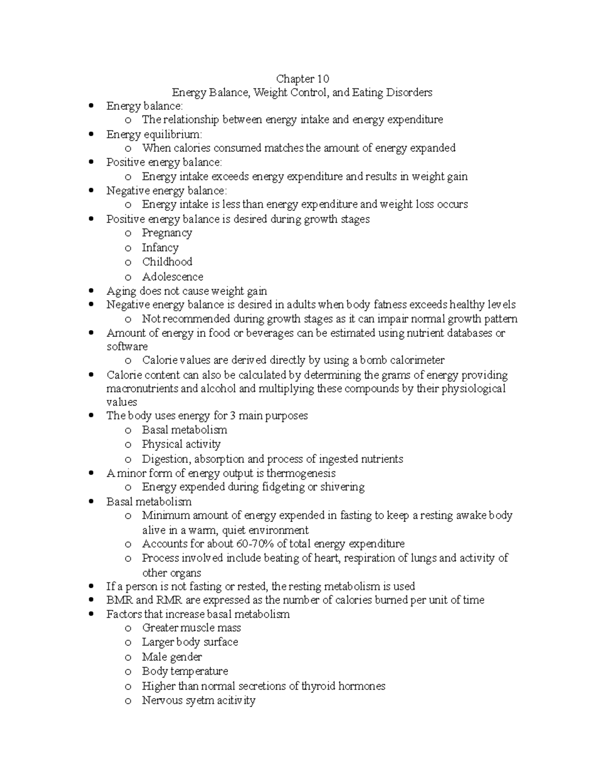 Chapter 10 - final prep - Chapter 10 Energy Balance, Weight Control 