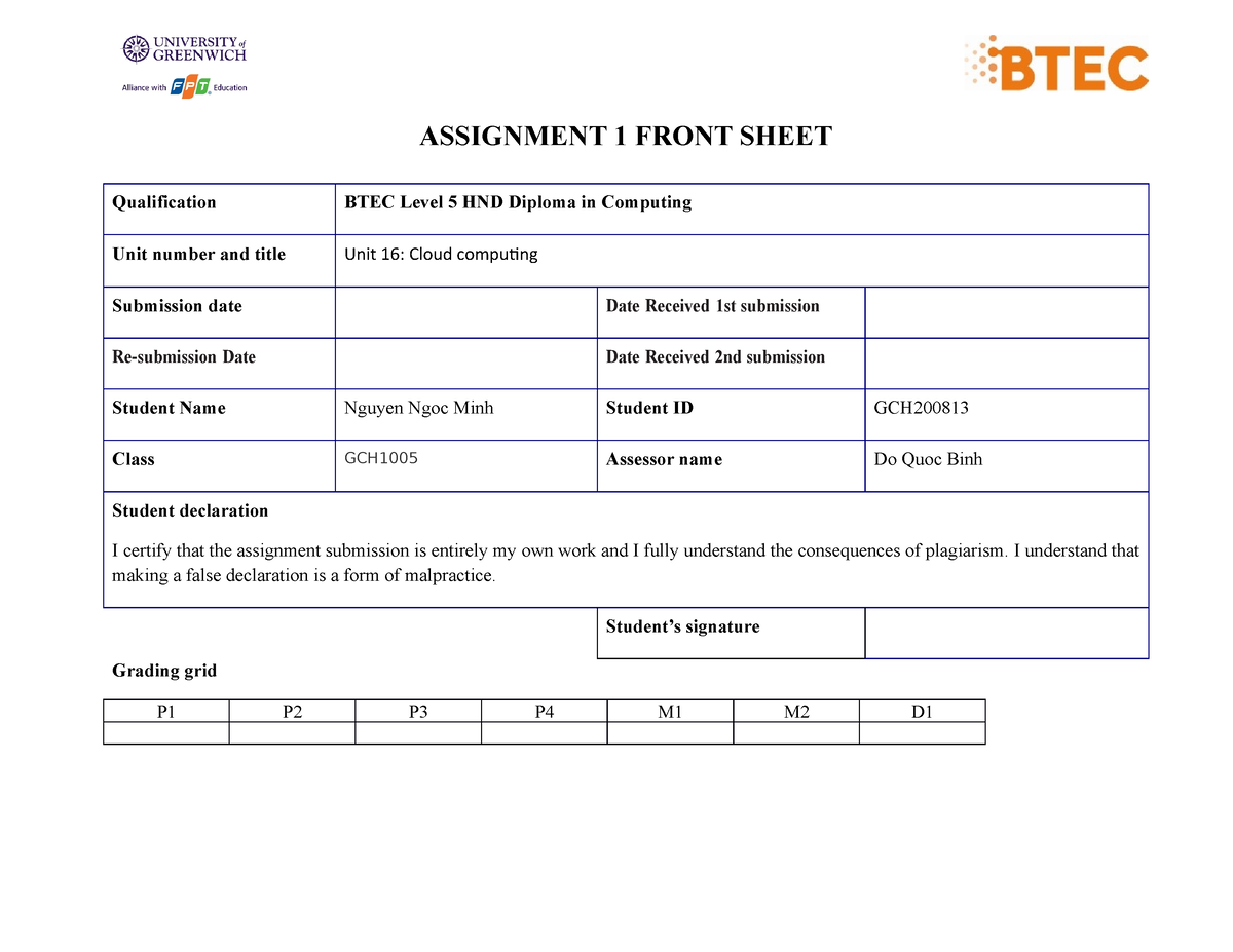 Unit 16.Assignment 1 frontsheet ASSIGNMENT 1 FRONT SHEET