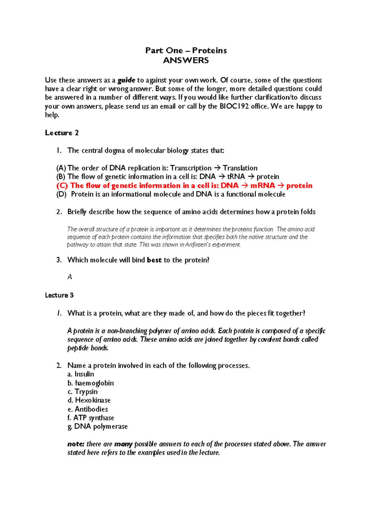 Proteins Study Questions Answers 2022 Part One Proteins ANSWERS Use