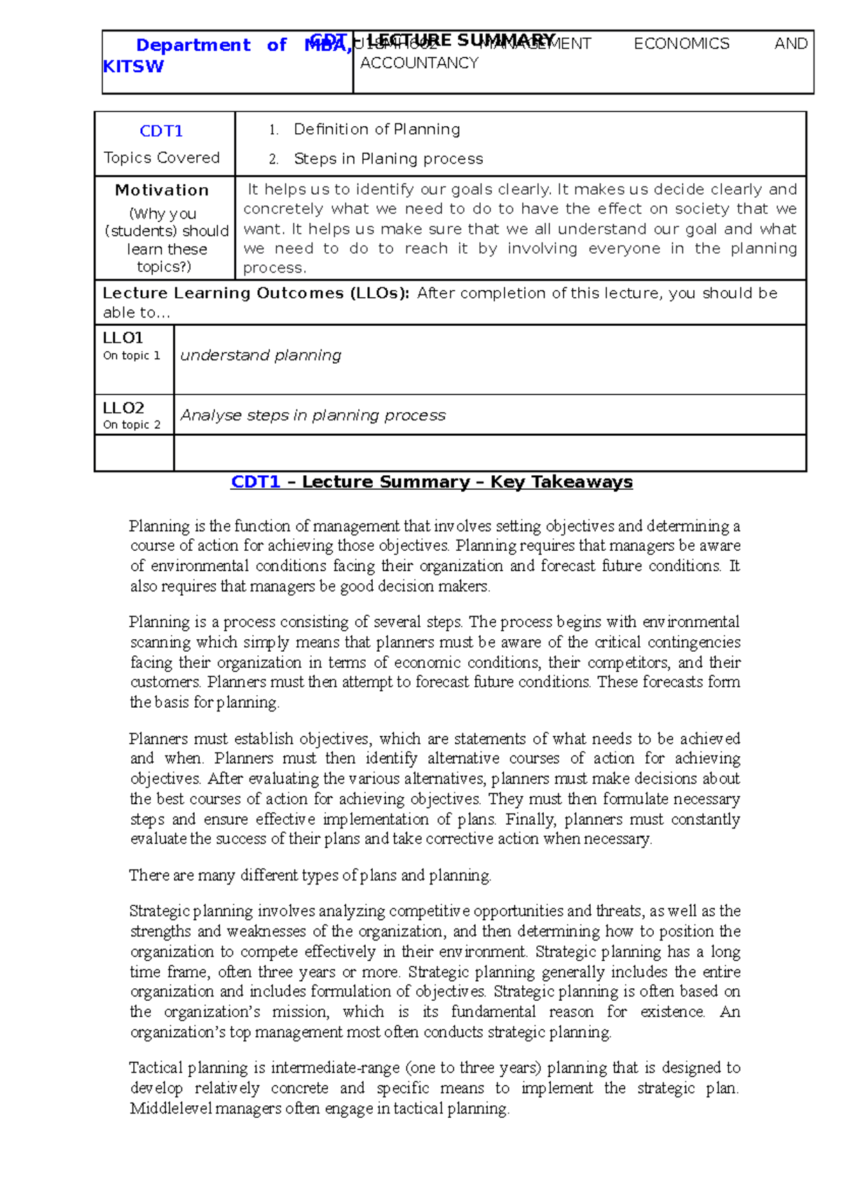 CDT4 C BB bcfg CDT Topics Covered 1. Definition of Planning 2. Steps in Planing process