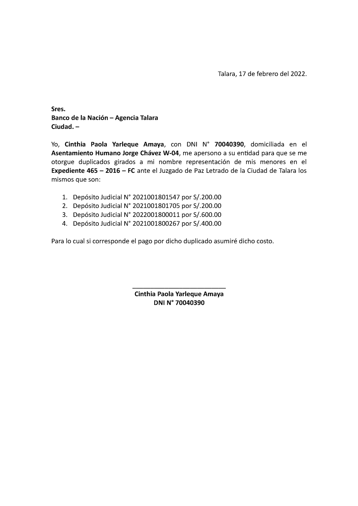 Solicitud DE Duplicado Deposito Judicial - Talara, 17 De Febrero Del ...