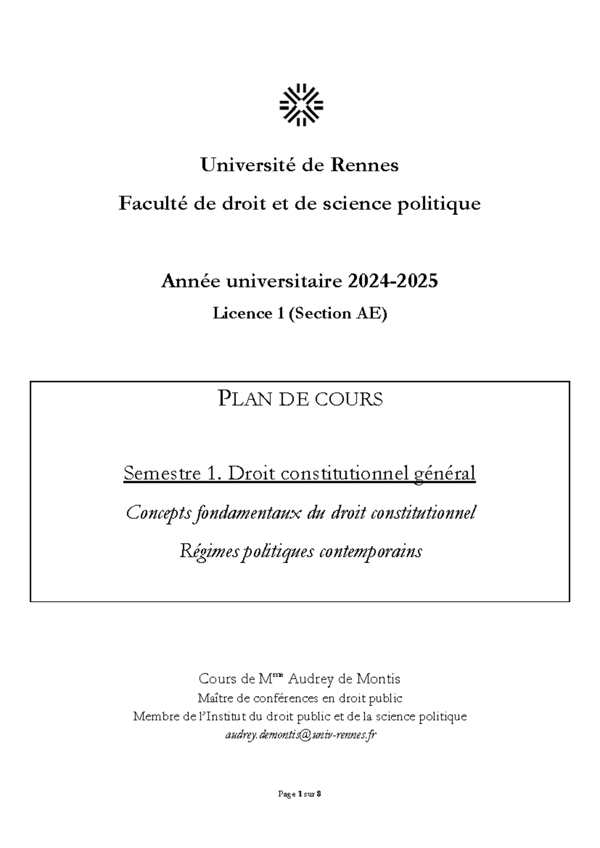 Plan du cours 2024-2025 - Université de Rennes Faculté de droit et de ...