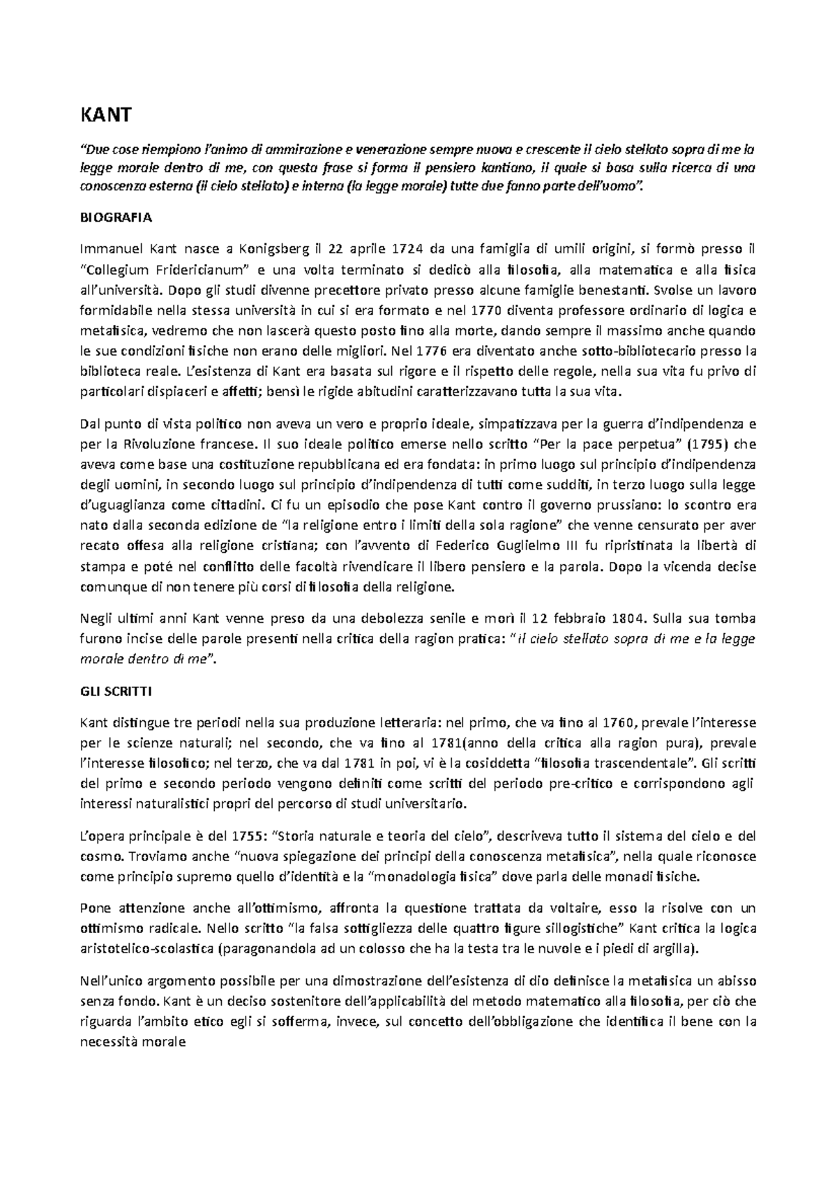 Kant - una vista generale al filosofo dei limiti - KANT “Due cose ...