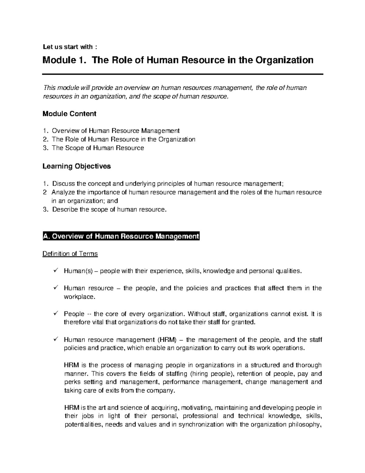 Chapter 1 - more on info on human resource - Let us start with : Module ...