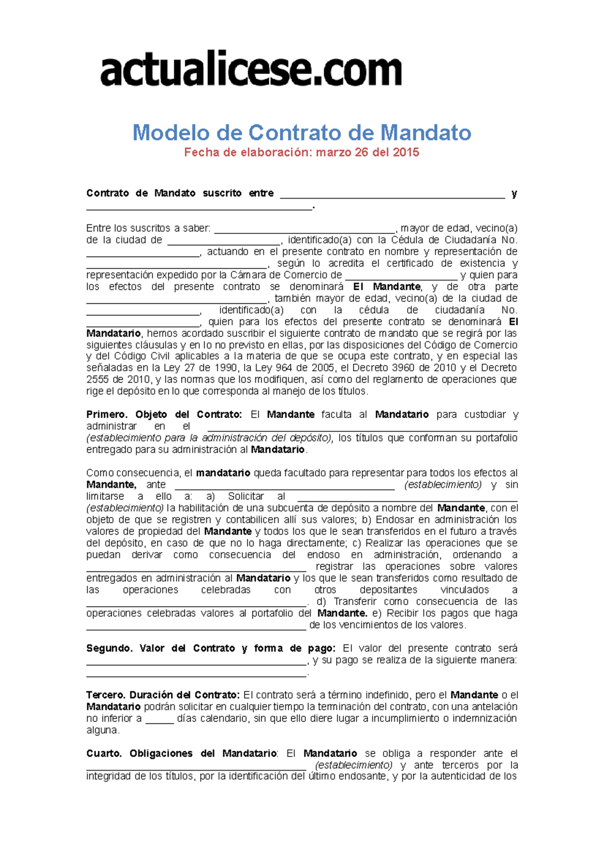 Contratomandato Formato contrato de mandato Modelo de Contrato de