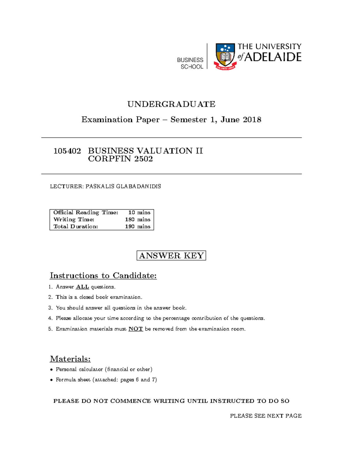 Final 2018, Answers - UNDERGRADUATE Examination Paper – Semester 1 ...