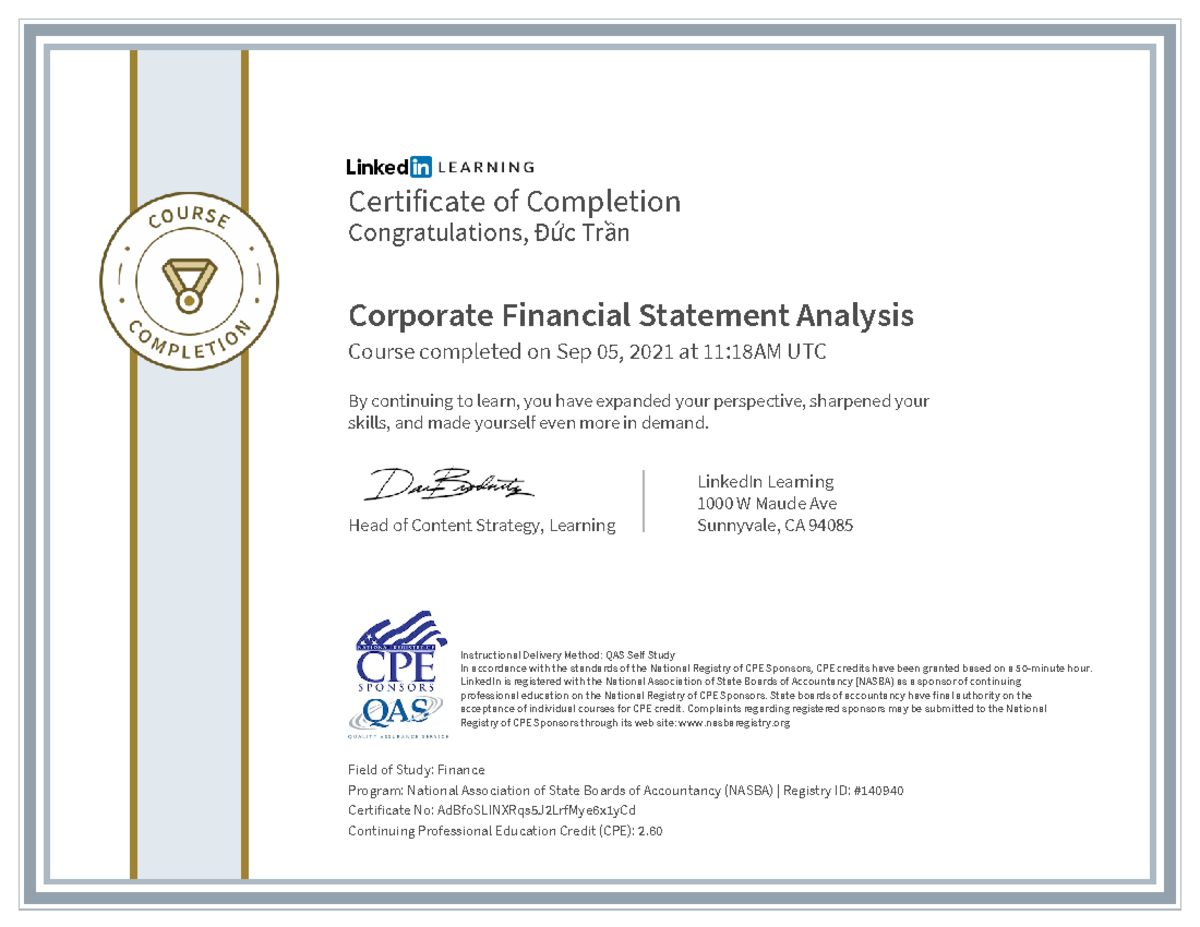 Certificate Of Completion Corporate Financial Statement Analysis ...