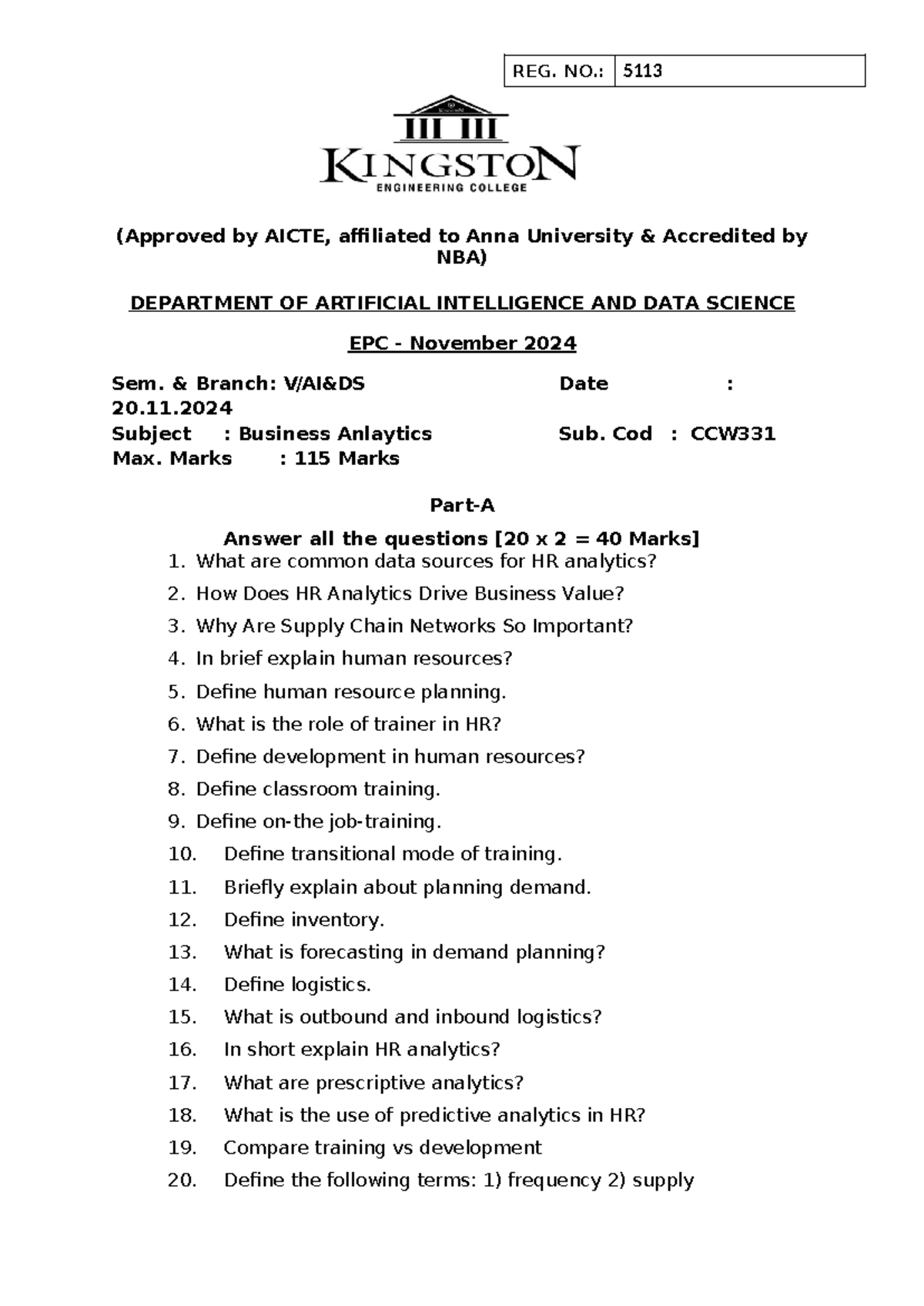 EPC BA QP - Unit 4 questions - REG. NO.: 5113 (Approved by AICTE ...