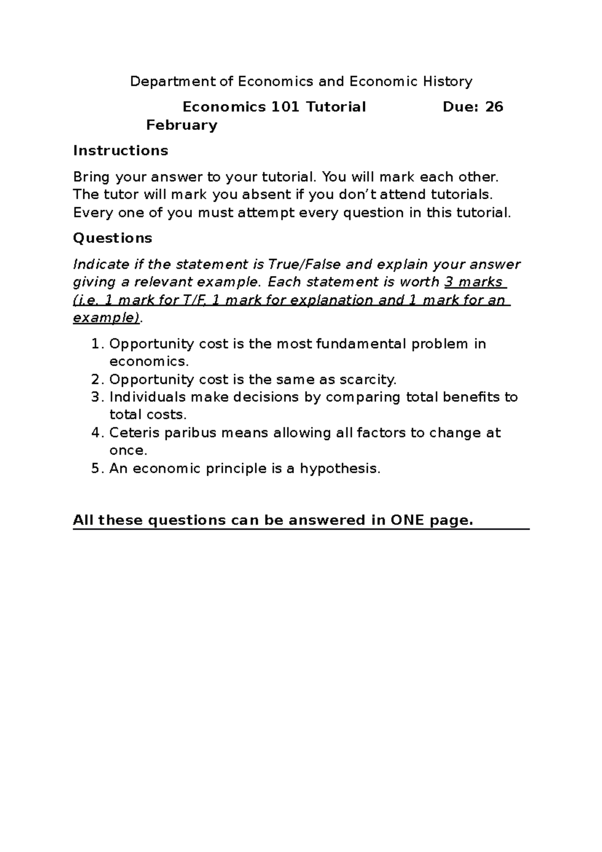 Eco 101 2019 Tutorial 1 - only 5 Questions on economics - Department of ...