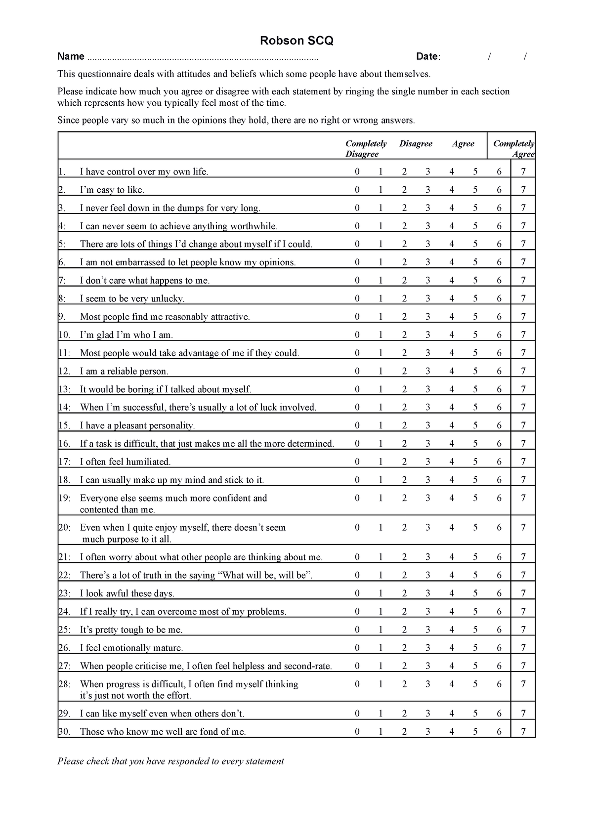 Robson Self Concept Questionnaire and norms - Robson SCQ Name - Studocu