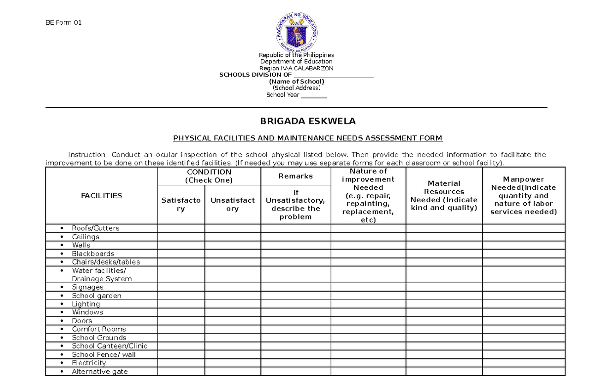 BE Form 1- Physical Facilities AND Maintenance Needs Assessment FORM ...