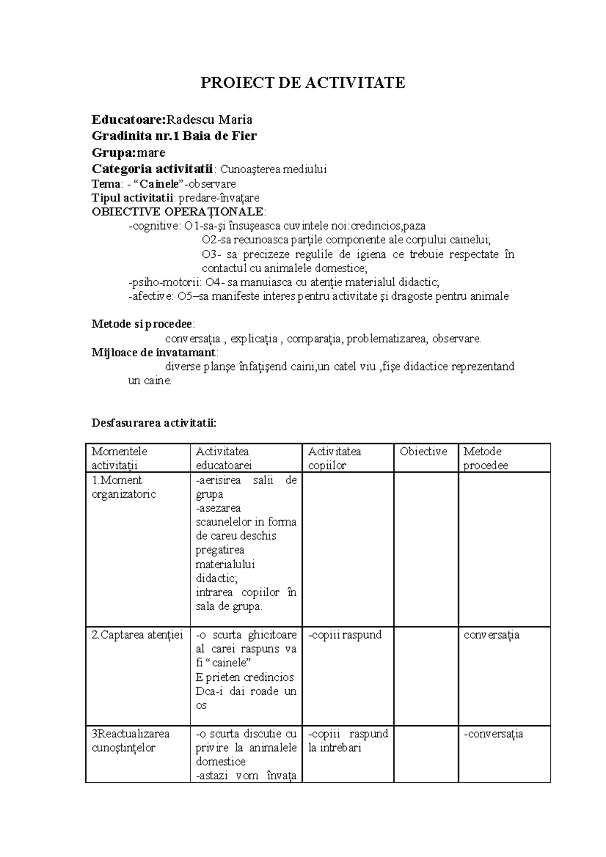 0 cainele - Vhh - PROIECT DE ACTIVITATE Educatoare: Radescu Maria ...