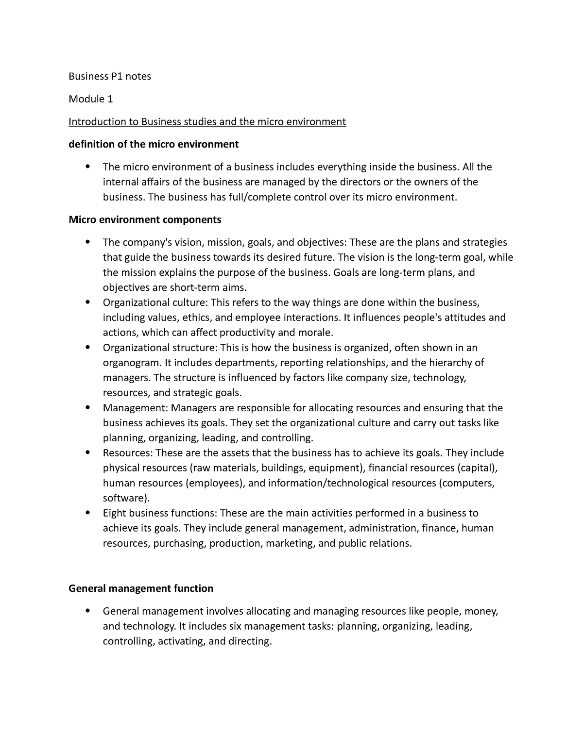 Bs Notes Term 1 - Business P1 Notes Module 1 Introduction To Business 