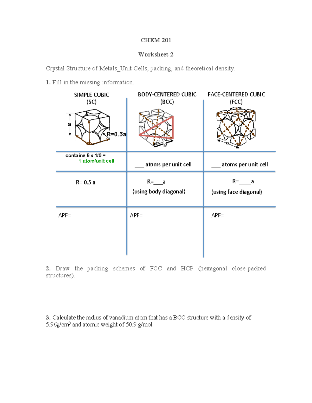 Worksheet 2 - CHEM 201 Worksheet 2 Crystal Structure of Metals_Unit ...