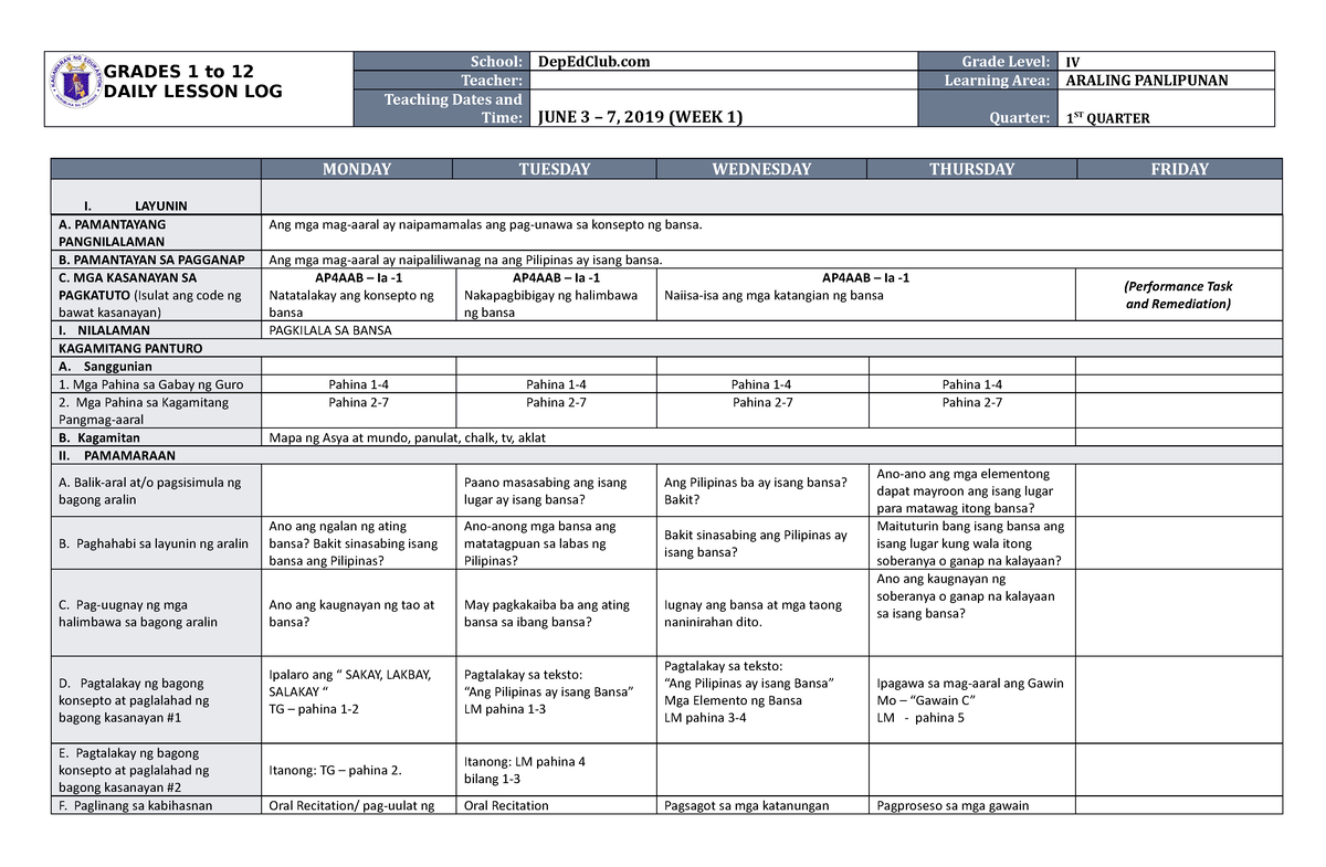 DLL Araling Panlipunan 4 Q1 W1 - GRADES 1 To 12 DAILY LESSON LOG School ...