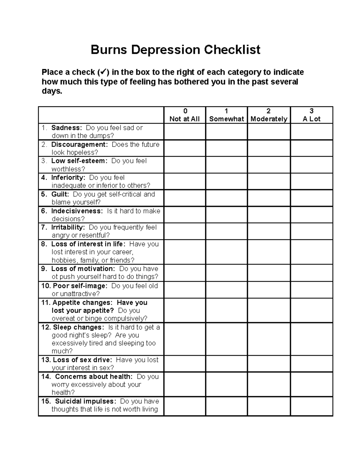 Burns Depression Checklist Burns Depression Checklist Place a check