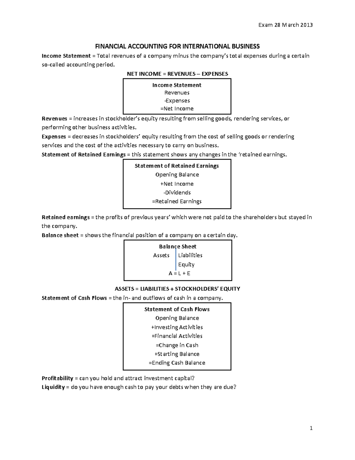 Summary Financial Accounting key terms and concepts FINANCIAL