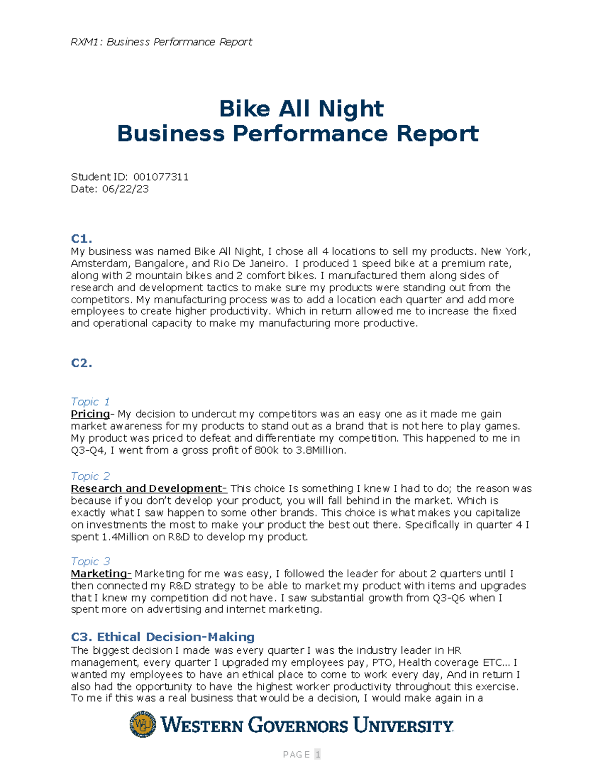 Business Performance Report Task 1 - RXM1: Business Performance Report ...