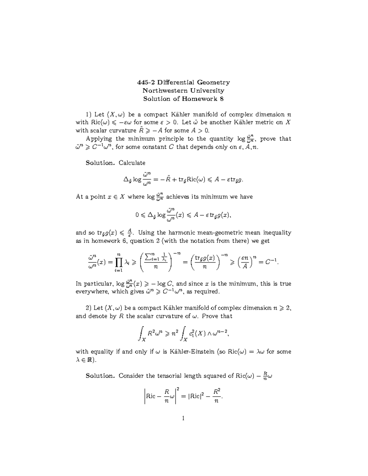 445-2 Differential Geometry Homework 8 solutions - 445-2 Differential ...