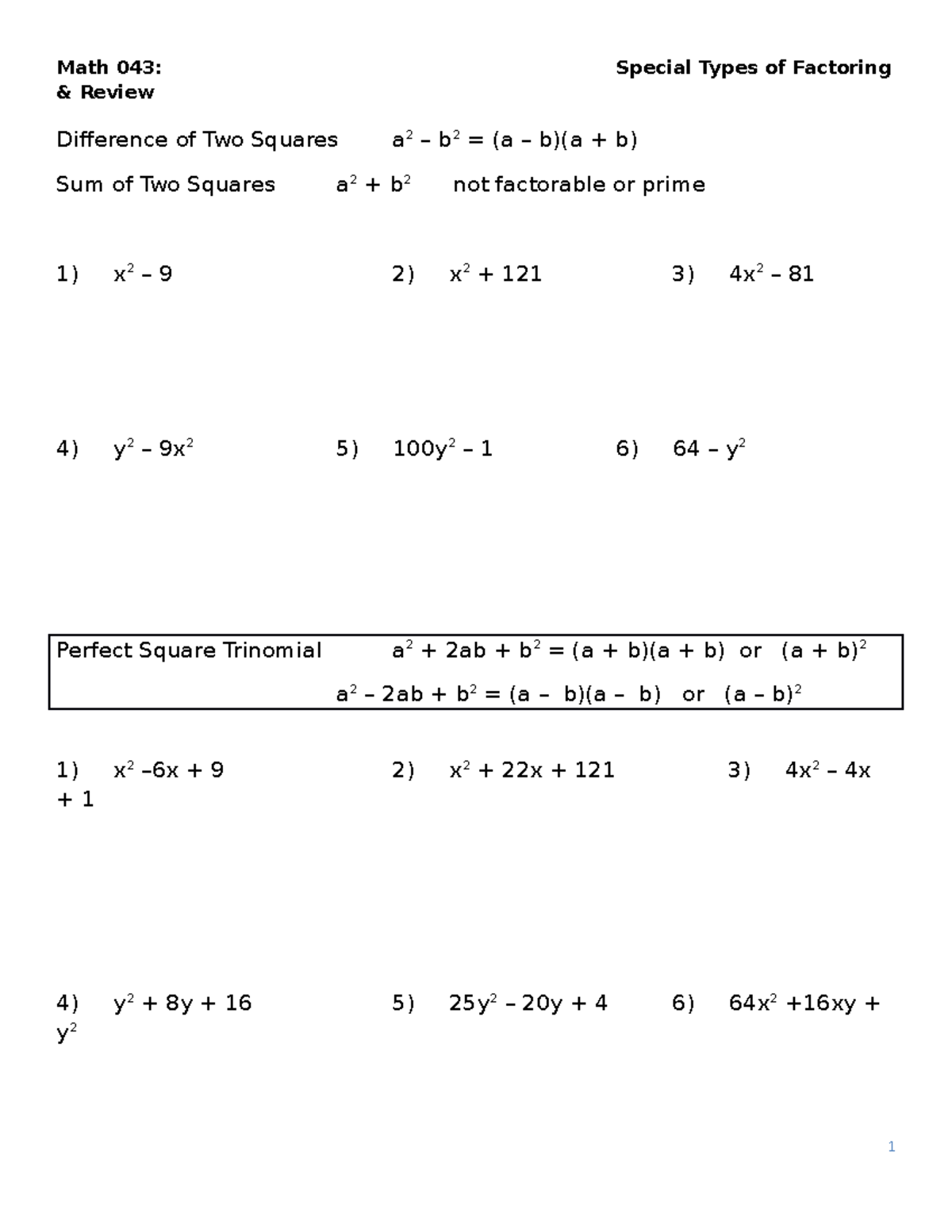 3 Special Types Of Factoring (002) - & Review Difference Of Two Squares ...