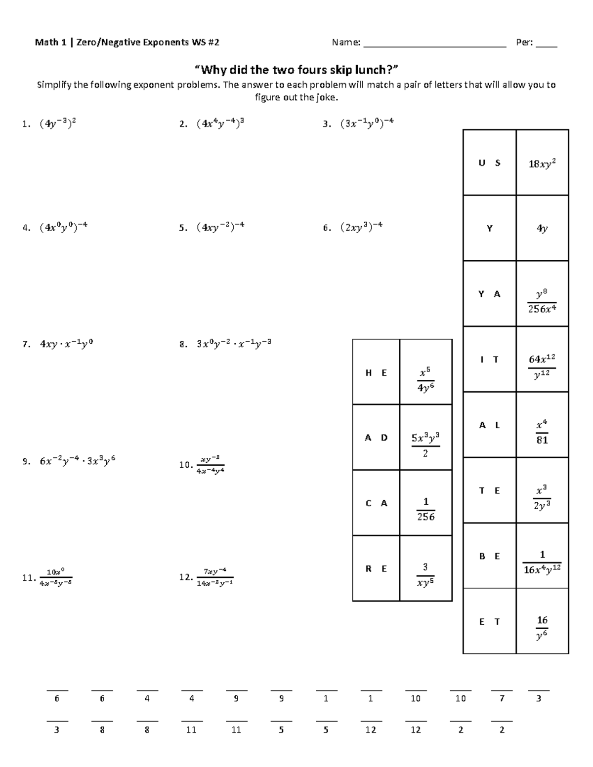 M1 - Zero Negative Exponents WS #2 - The answer to each problem will ...