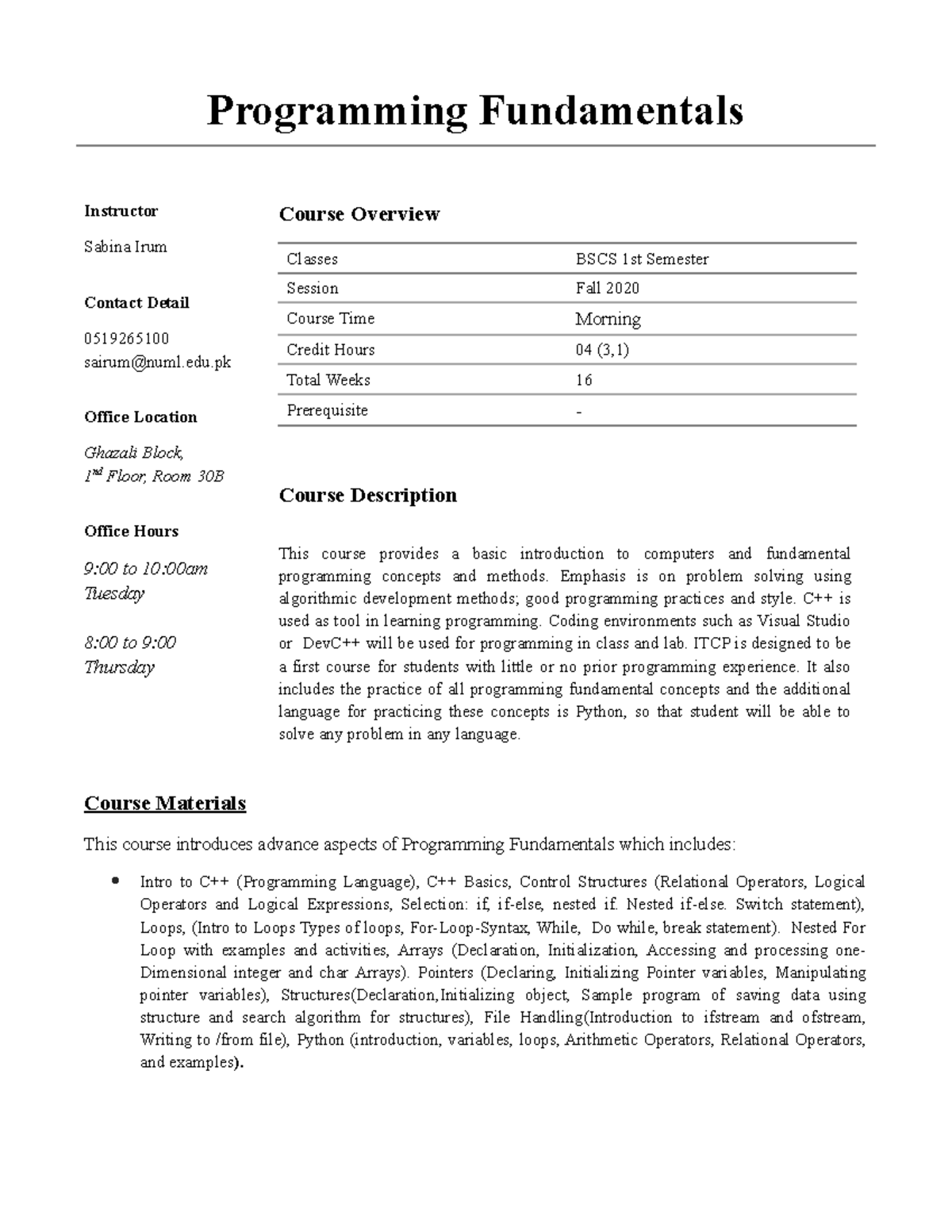 Final PF outline - Programming Fundamentals Instructor Sabina Irum ...
