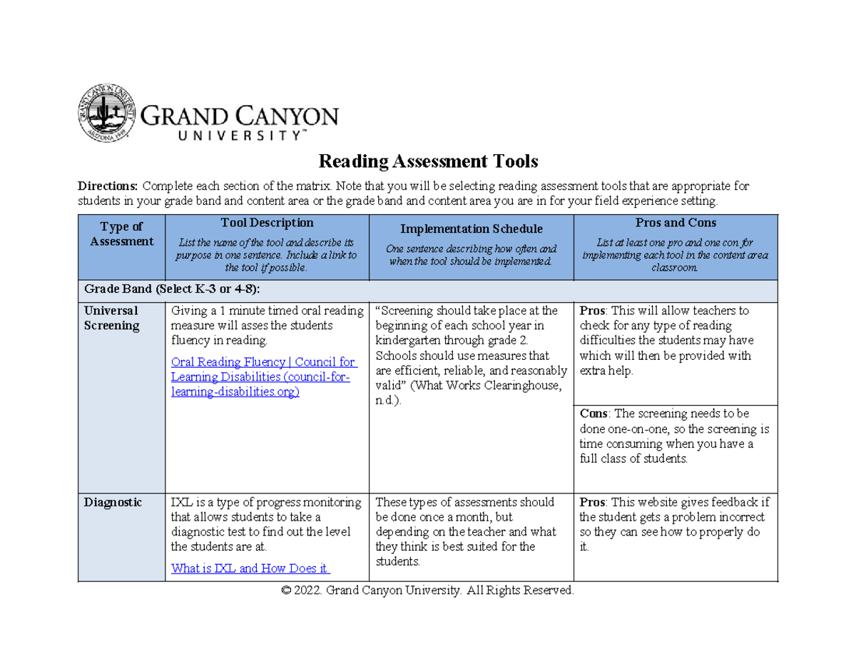 Reading assessment - class work - Reading Assessment Tools Directions ...