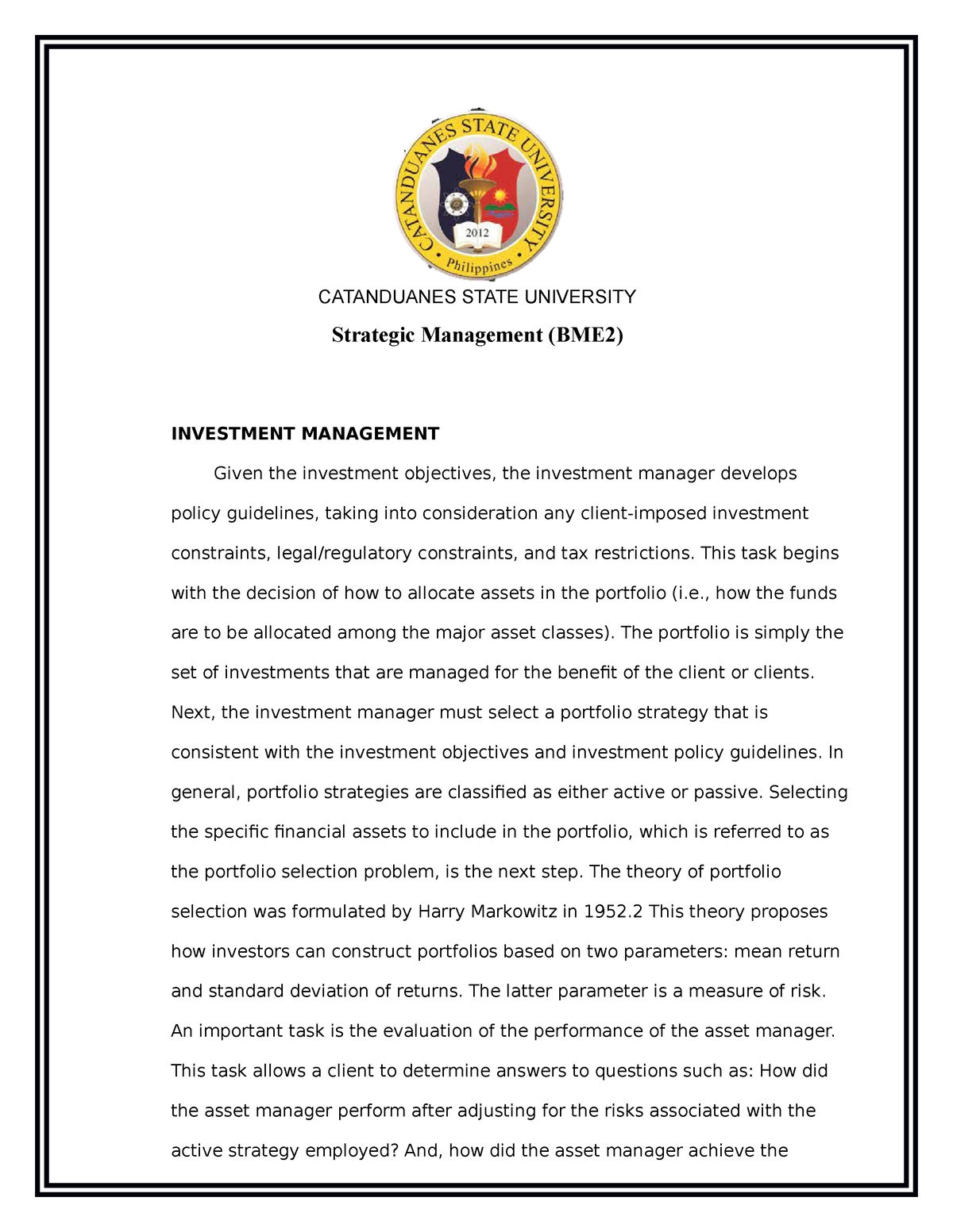 Strategic Management Investment Management - CATANDUANES STATE ...