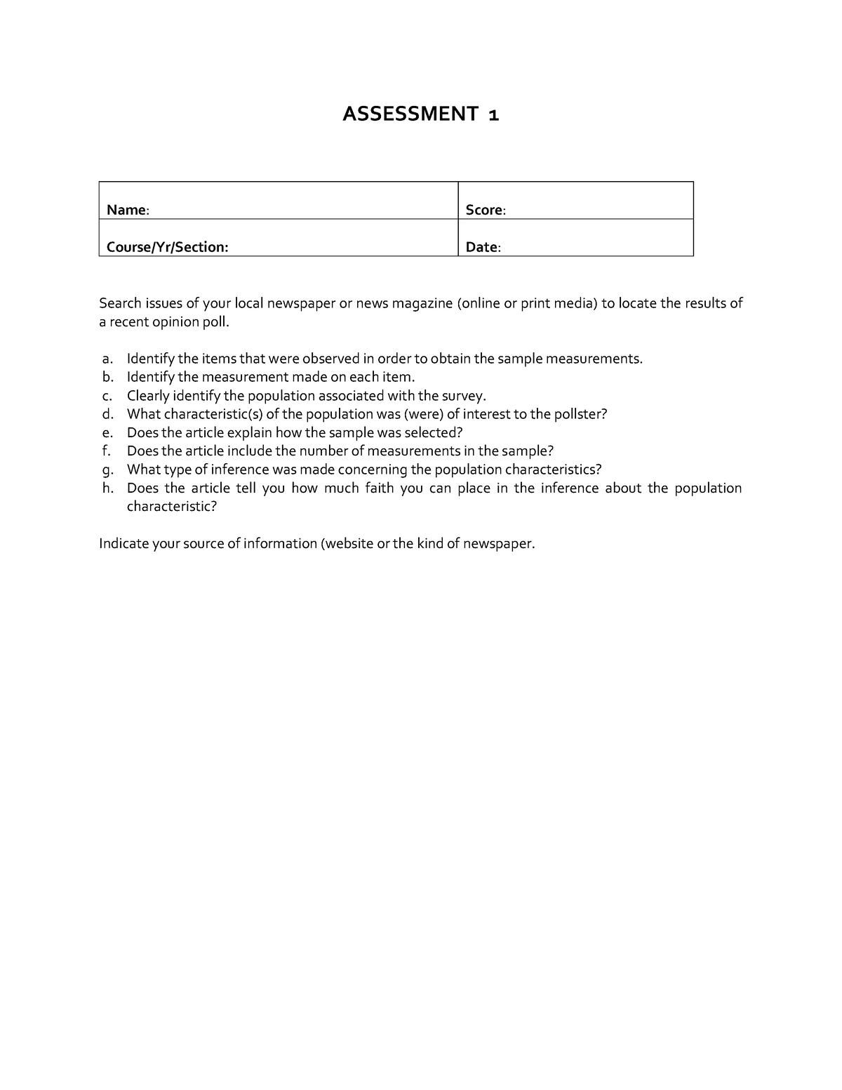 Assessment 1 - Accounting - Assessment 1 Name: Score: Course Yr Section 