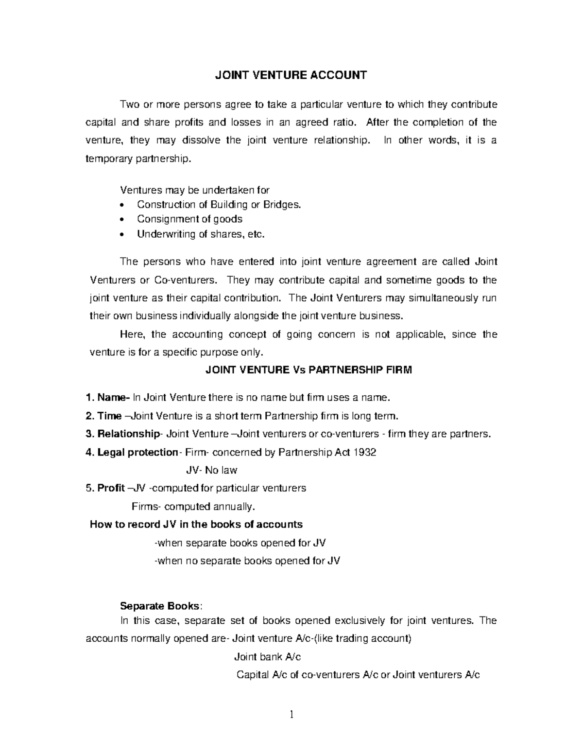 Joint Venture Accounting - JOINT VENTURE ACCOUNT Two or more persons ...