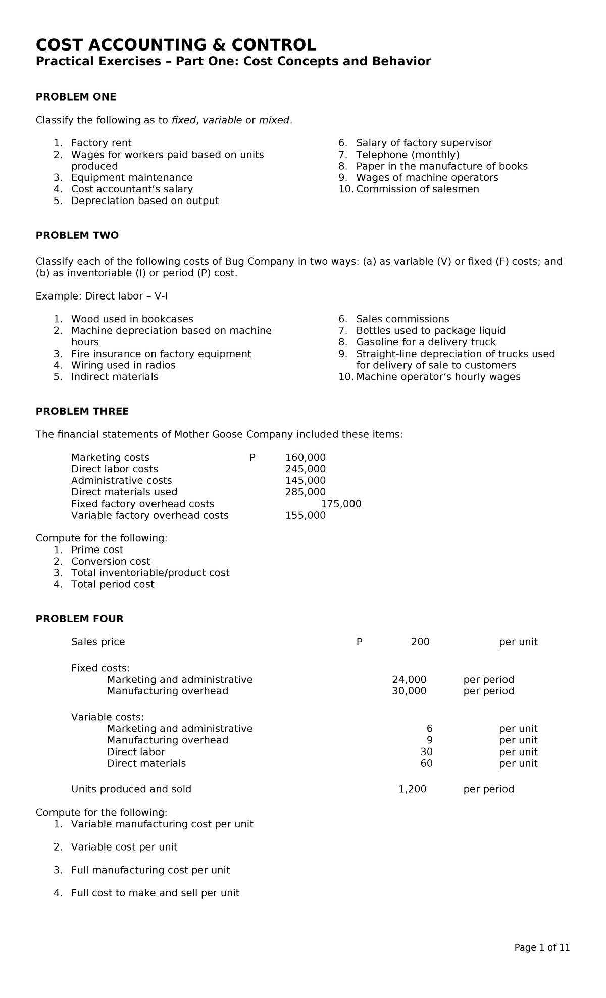 Practical Exercise 1 - Basic Cost Concepts - COST ACCOUNTING & CONTROL ...