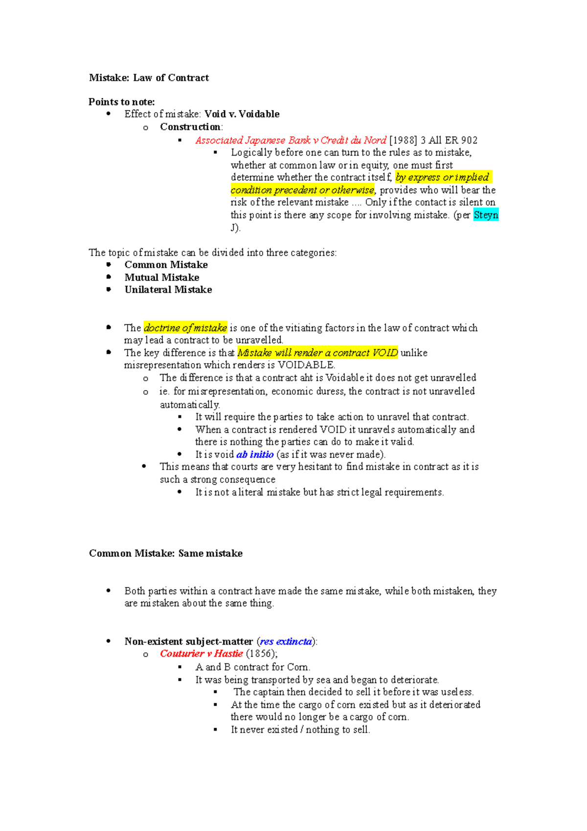 Summary - Contract & Mistake - Mistake: Law Of Contract Points To Note ...