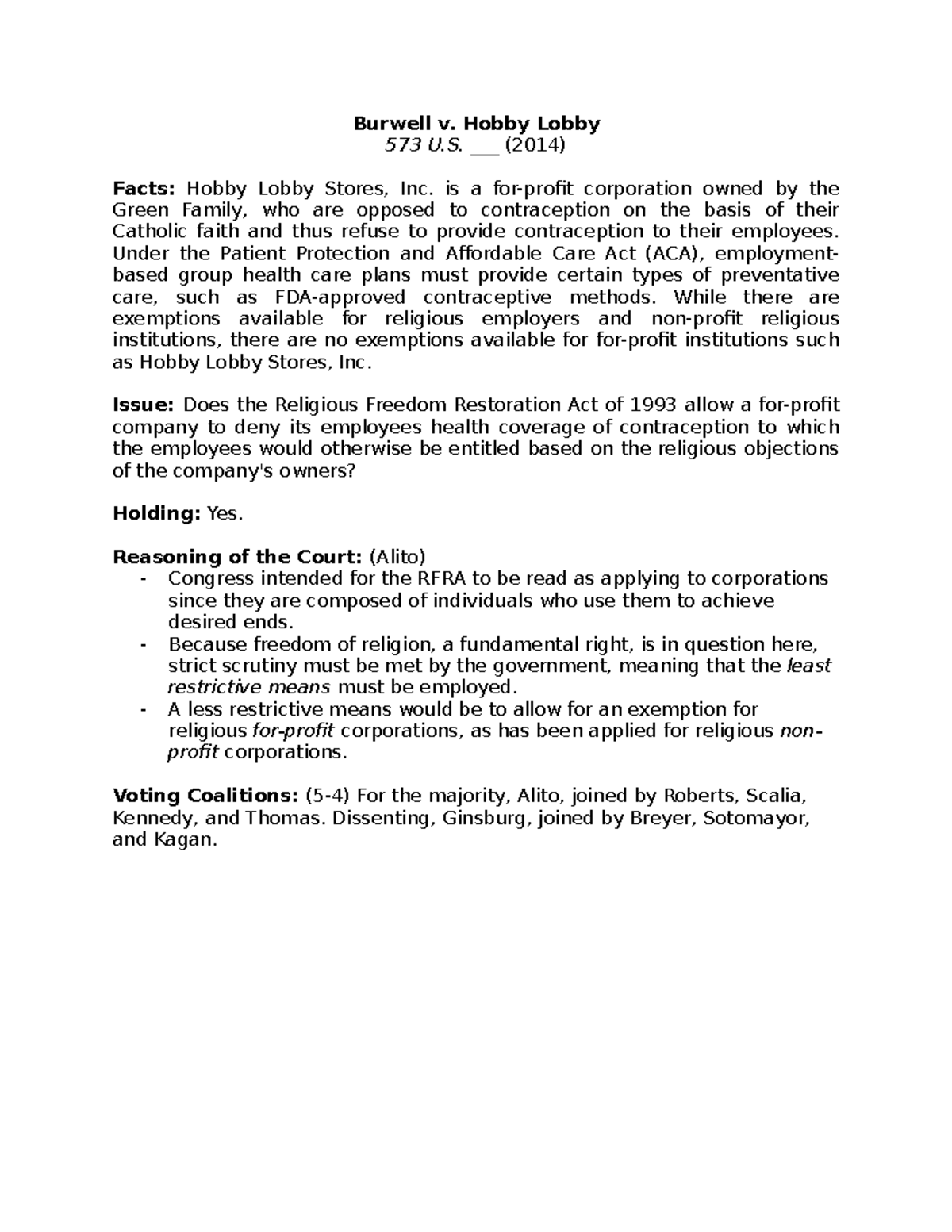 Burwell v Hobby Lobby POLS/AAST 356 taught by Professor Kevin Lyles students were instructed