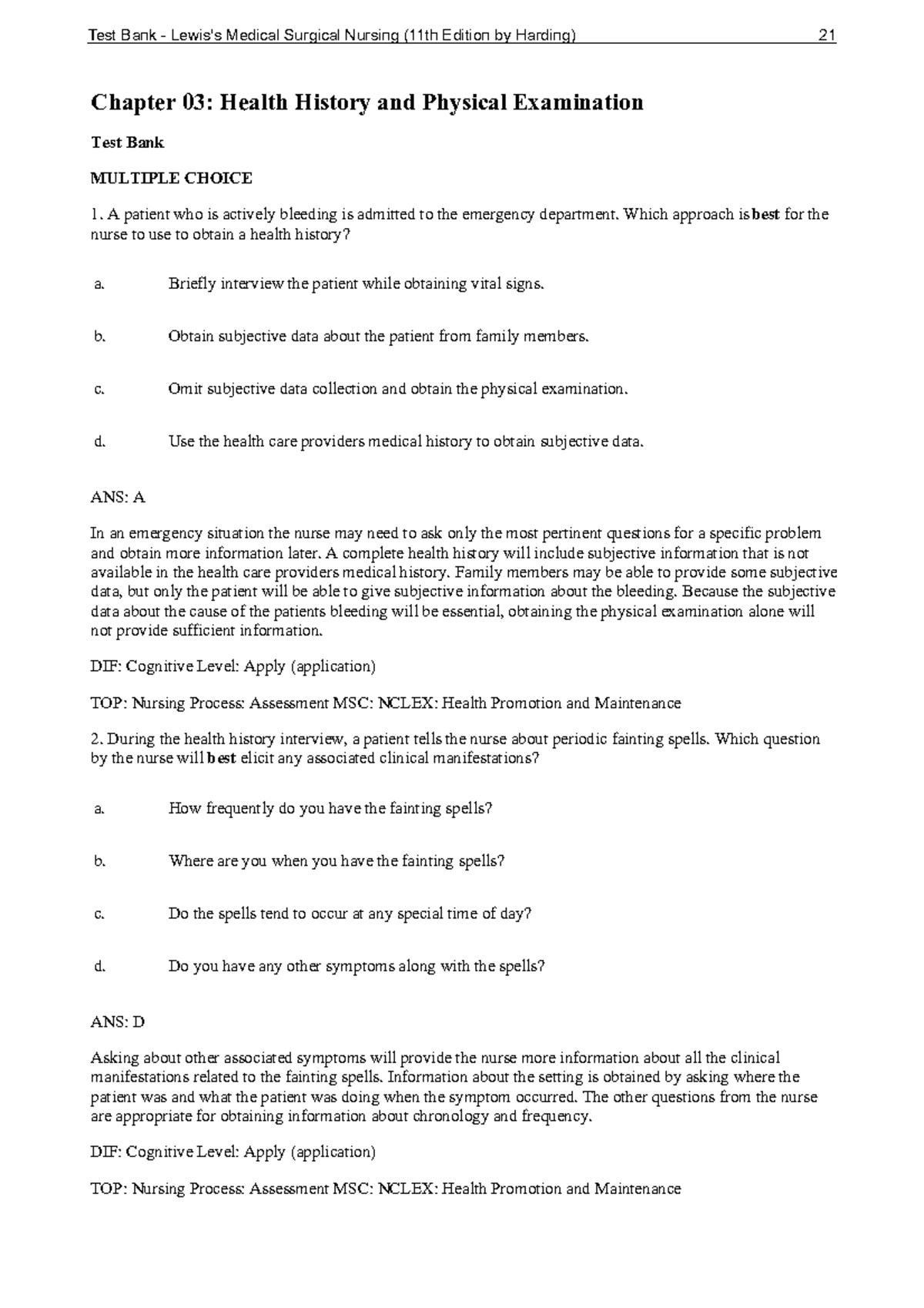 Test Bank - Lewis's Med-Surg Nursing - Ch. 3 Health History And ...