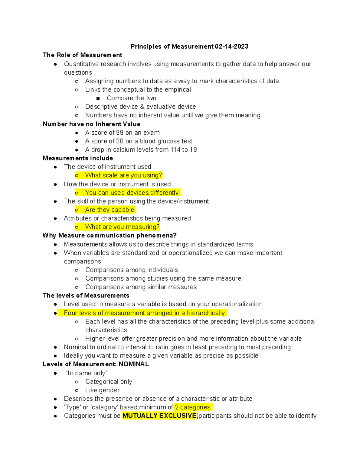 COMM 2000 Q Notes for Exam 2 - Principles of Measurement 02-14- The ...