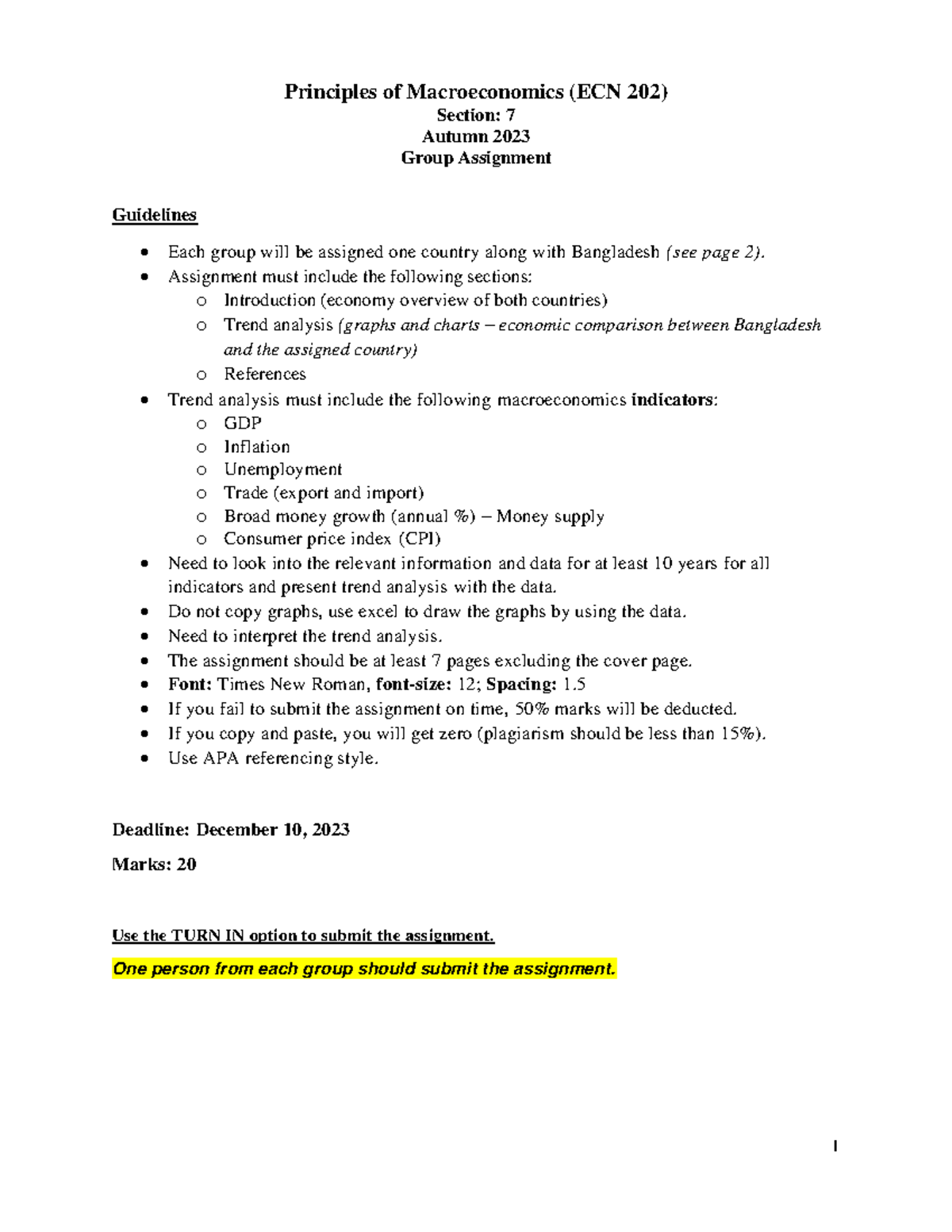 ECN 202 - Group Assignment Autumn 23 - 1 Principles of Macroeconomics ...