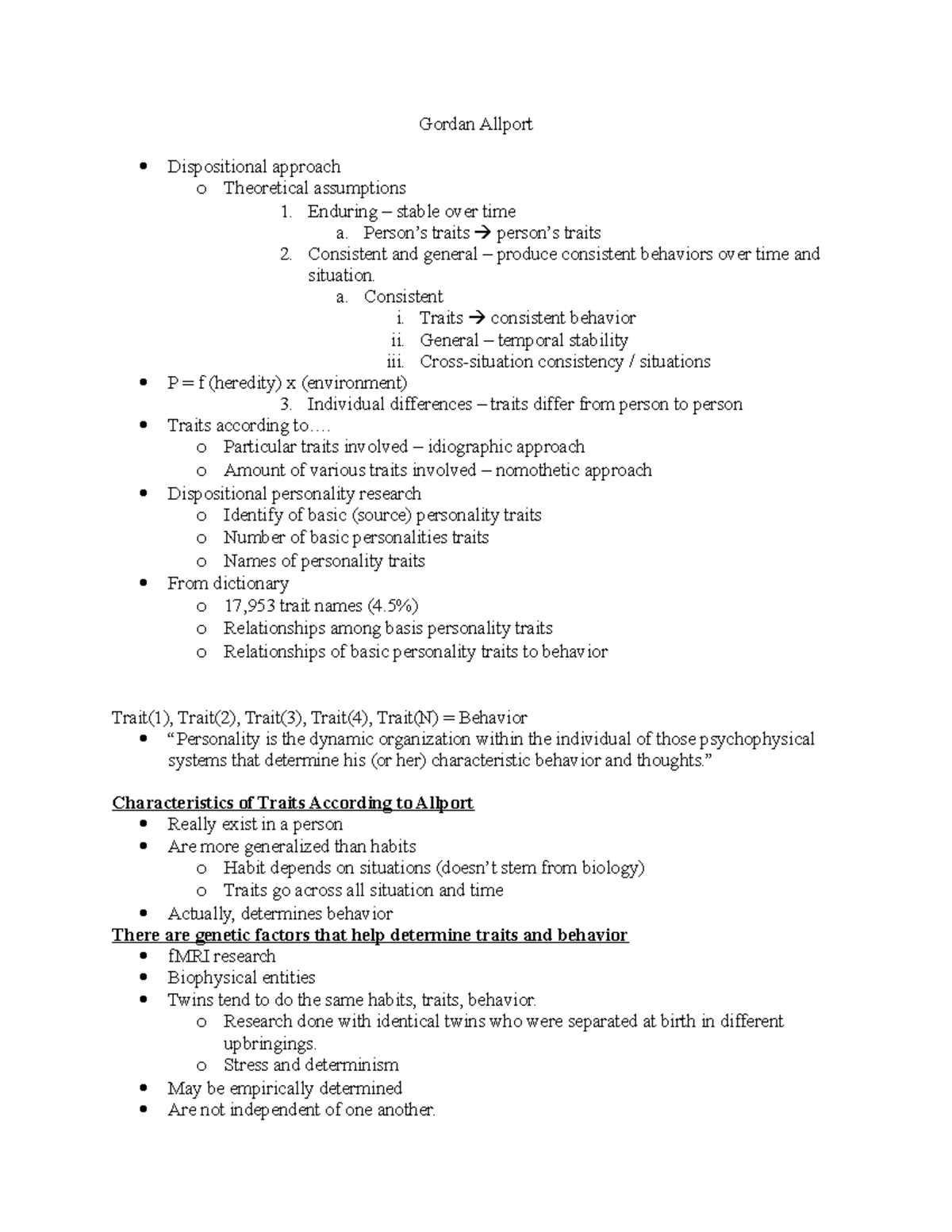 Gordan Allport - Gordan Allport Dispositional approach o Theoretical ...