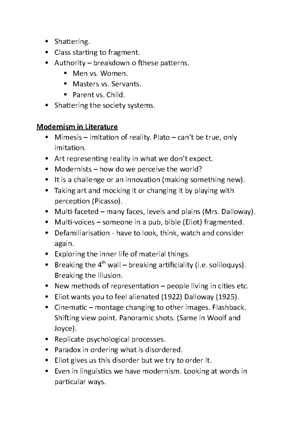 Modernism in Literature - Shatering. Class staring to fragment ...