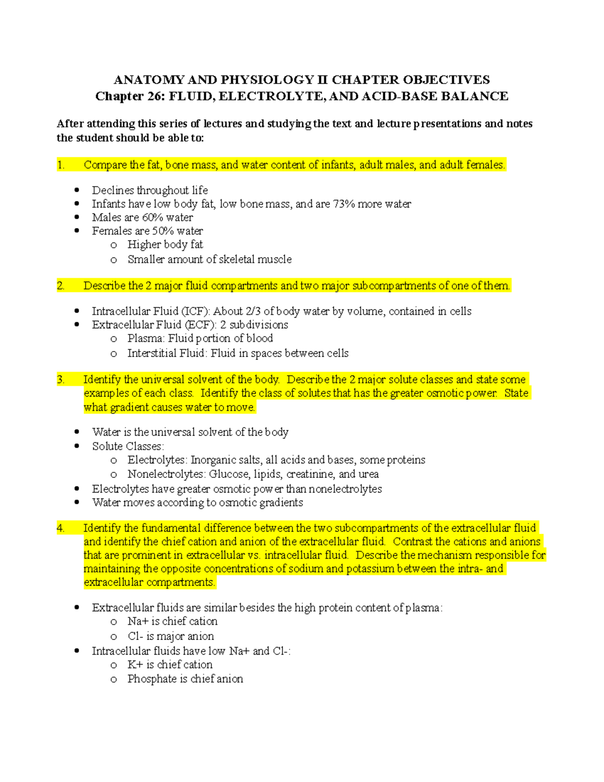 CH 26 Fluid, Electrolyte, AND ACID-BASE Balance Objectives - ANATOMY ...