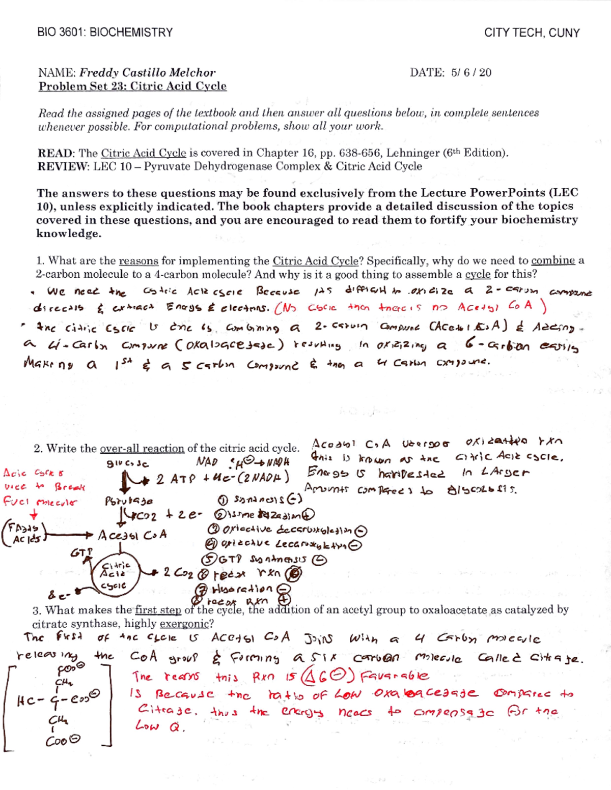 Biochemistry 3601 Problem Set 23 - BIO3601:BIOCHEMISTRY CITYTECH,CUNY ...