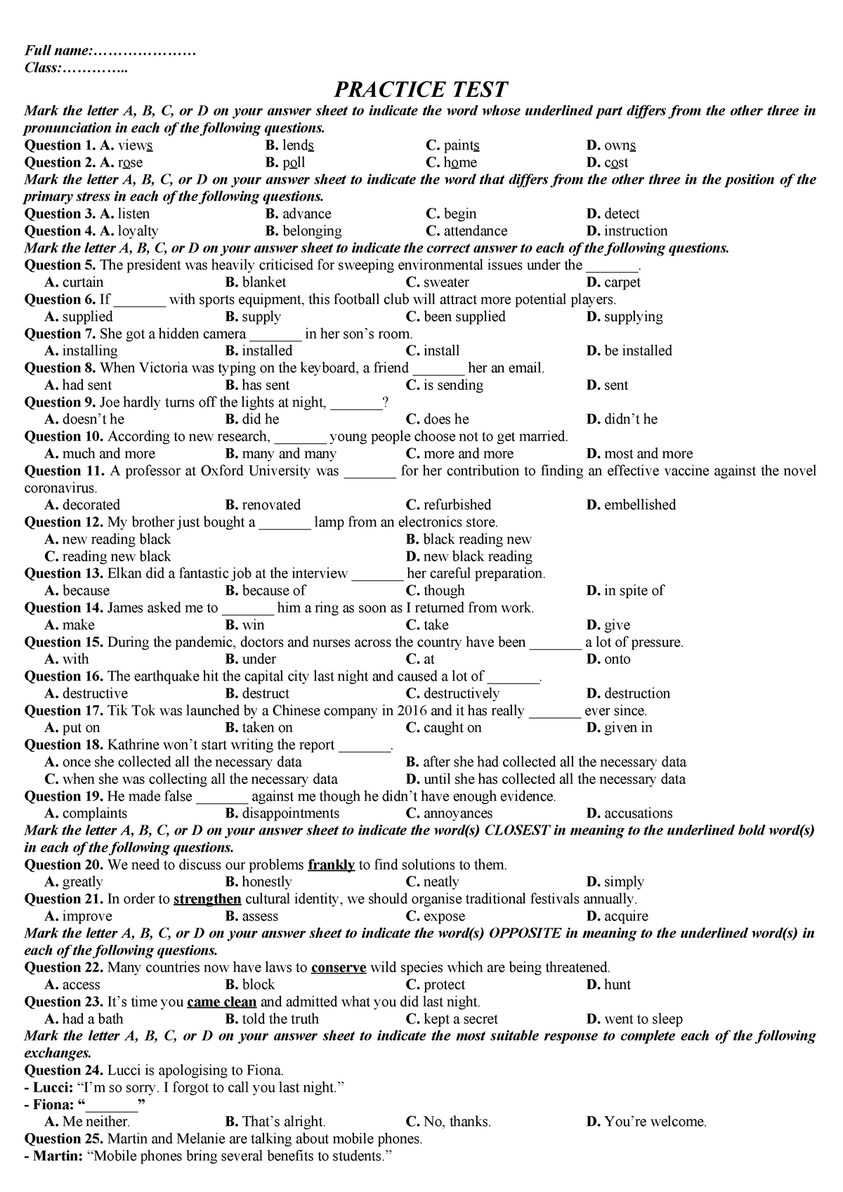 Practice TEST 1 - great test - Full name:..................... Class ...