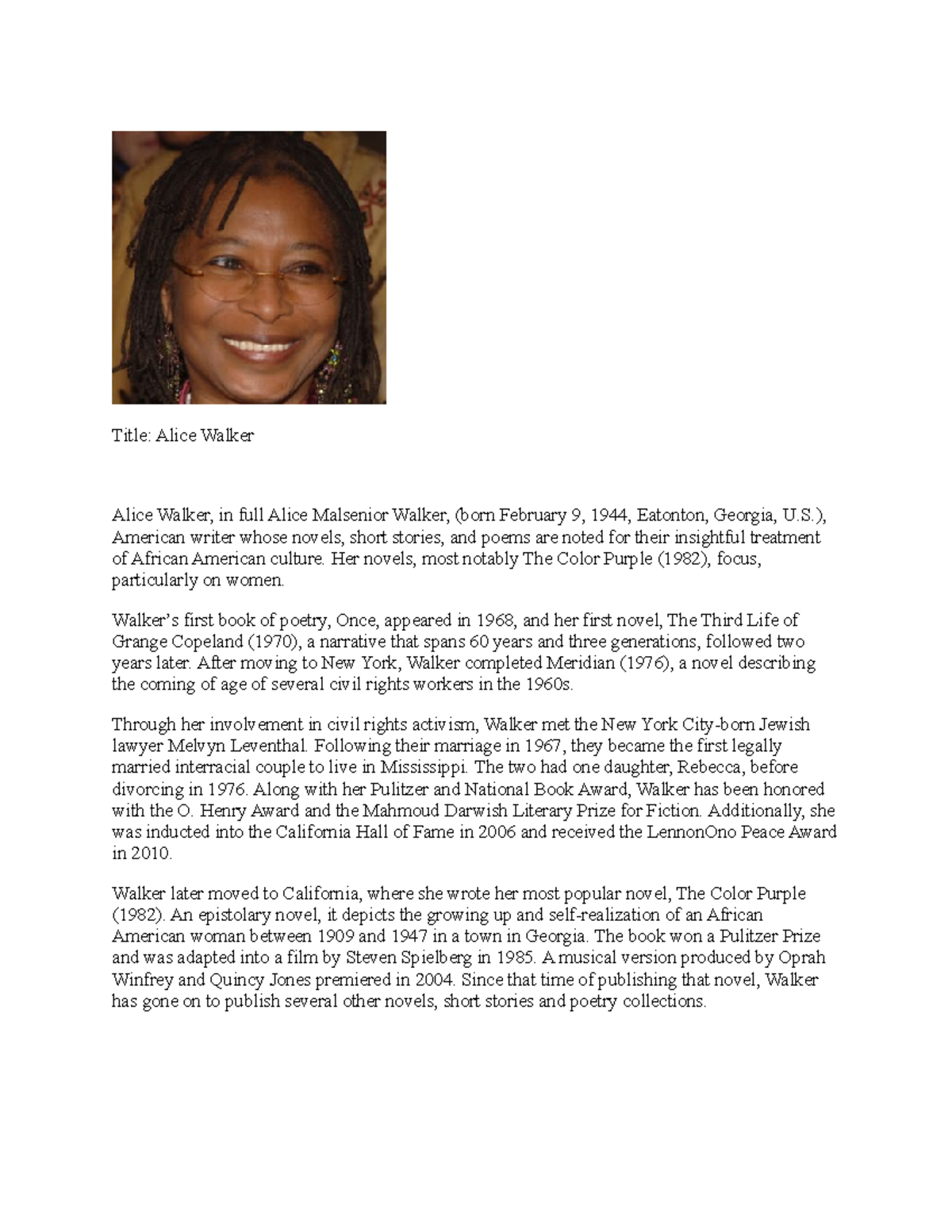 Influential Women Encyclopedia - Title: Alice Walker Alice Walker, in ...