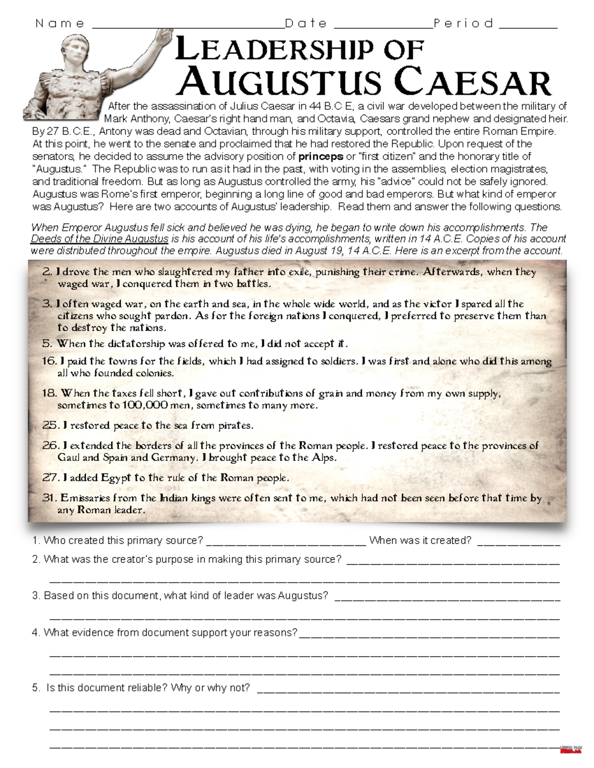 Leadership of Augustus Caesar - After the assassination of Julius Caesar in  44 B E, a civil war - Studocu