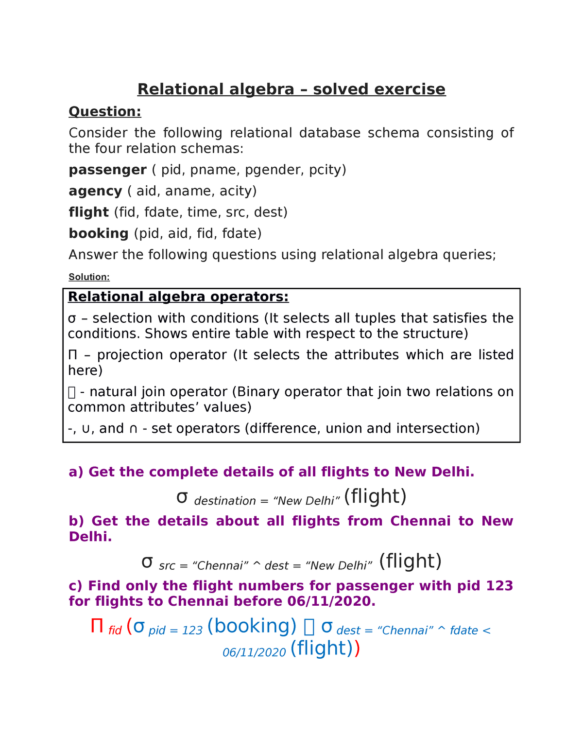 Queries On Relational Algebra - Relational Algebra – Solved Exercise ...