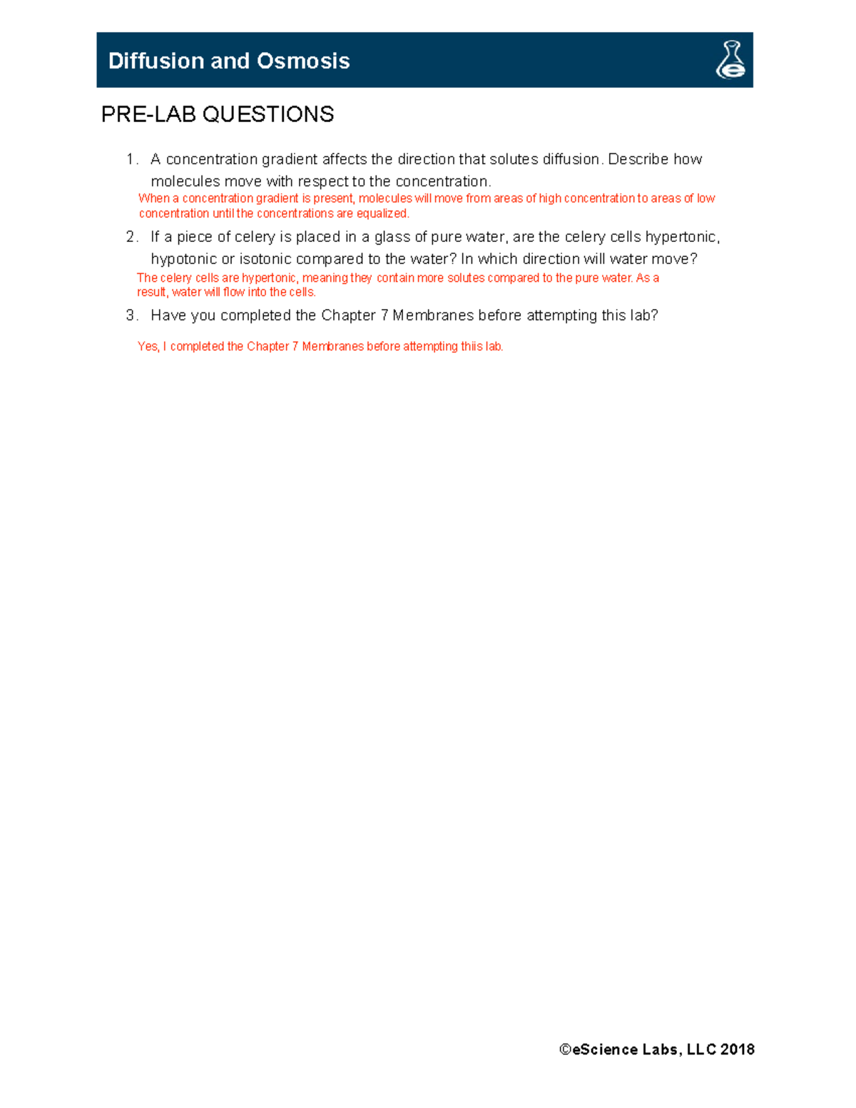 Diffusion and Osmosis Lab Experiments 2 and 3 Bio 101 - PRE-LAB ...