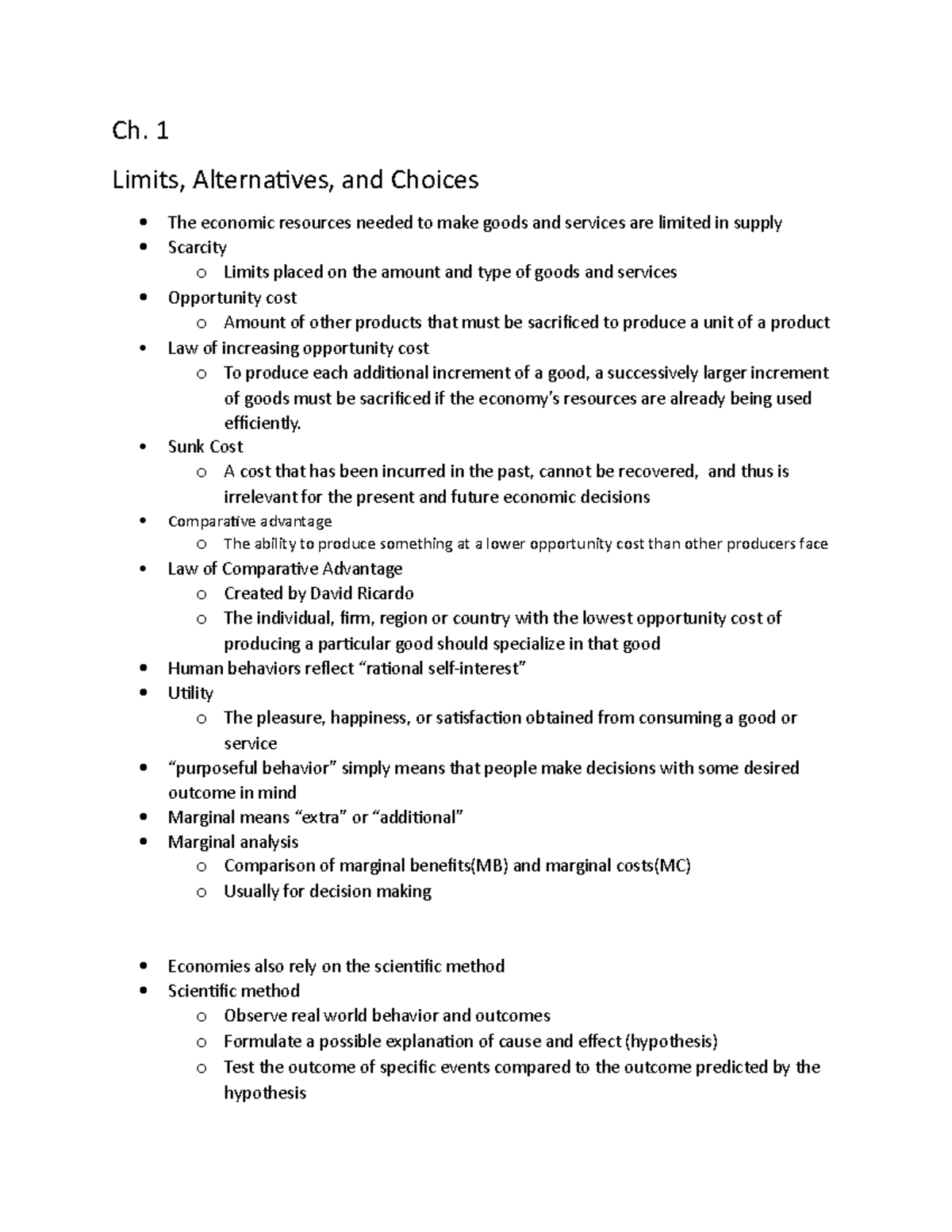 Ch. 1 Notes - Microeconomics - Ch. 1 Limits, Alternatives, and Choices ...