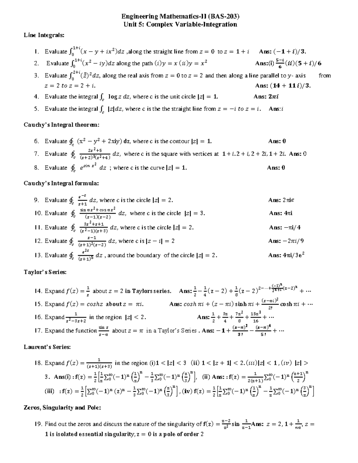 Unit 5 Complex variable-Integration - Module-V (KAS-203) Line Integrals ...