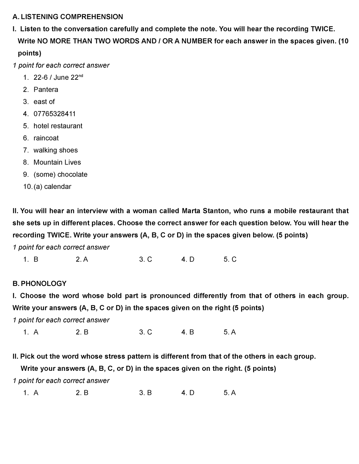 ĐÁP ÁN HSG - Test For HSG - A. LISTENING COMPREHENSION I. Listen To The ...